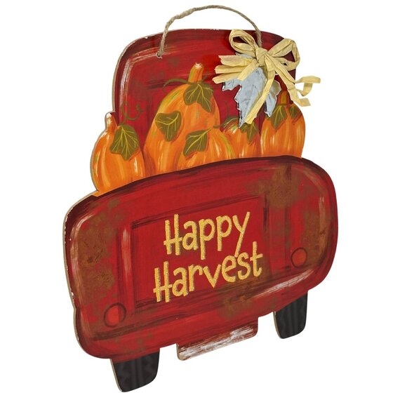 Happy Harvest Red Truck Pumpkin Wall Hanging Fall Autumn Farmhouse Decor Sign - Picture 2 of 7